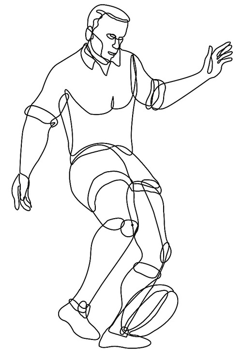 Continuous line drawing illustration of a rugby union player kicking ball front view done in mono line or doodle style in black and white on isolated background.