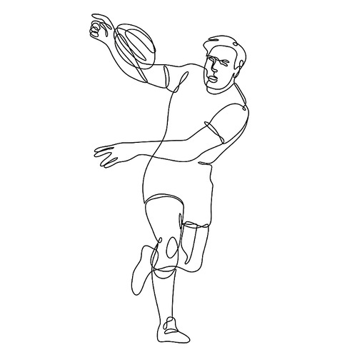 Continuous line drawing illustration of a rugby union player running passing ball front view done in mono line or doodle style in black and white on isolated background.