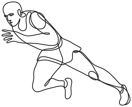 Continuous line drawing illustration of a track and field athlete running start done in mono line or doodle style in black and white on isolated background.