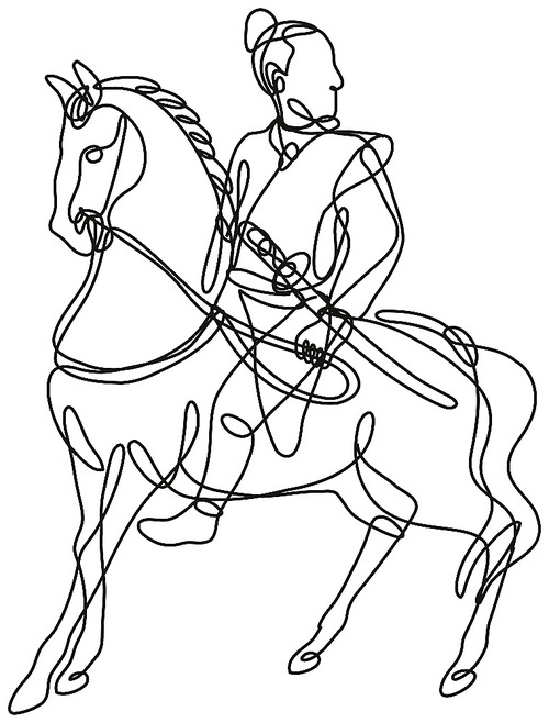 Continuous line drawing illustration of a Japanese samurai warrior riding horse side view  done in mono line or doodle style in black and white on isolated background.