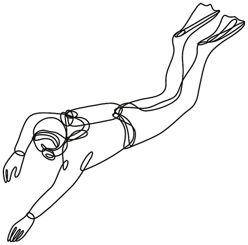 Continuous line drawing illustration of a scuba diver diving down done in mono line or doodle style in black and white on isolated background.