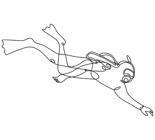Continuous line drawing illustration of a scuba diver diving down Side View done in mono line or doodle style in black and white on isolated background.