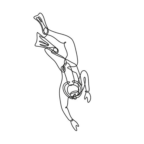 Continuous line drawing illustration of a scuba diver diving down done in mono line or doodle style in black and white on isolated background.