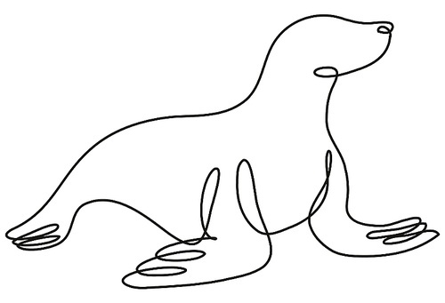 Continuous line drawing illustration of a seal viewed from side done in mono line or doodle style in black and white on isolated background.