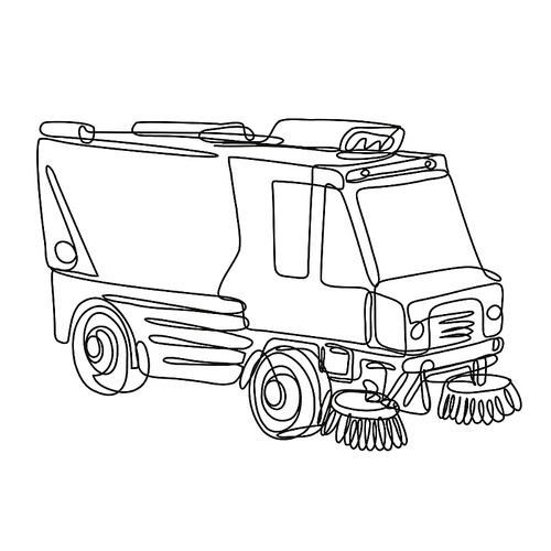 Continuous line drawing illustration of a street sweeper or street cleaner truck side view done in mono line or doodle style in black and white on isolated background.