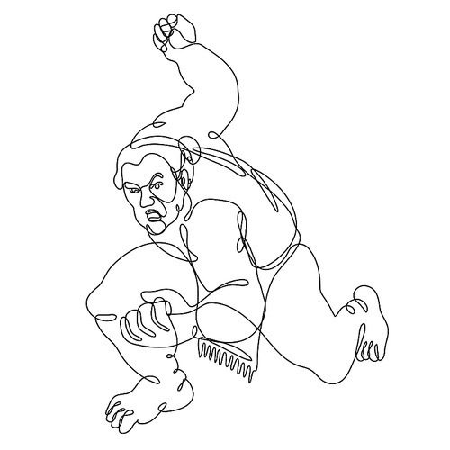 Continuous line drawing illustration of a sumo wrestler or rikishi in fighting stance front view done in mono line or doodle style in black and white on isolated background.