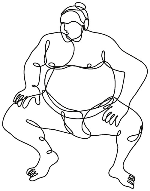 Continuous line drawing illustration of a sumo wrestler or rikishi in fighting stance front view done in mono line or doodle style in black and white on isolated background.