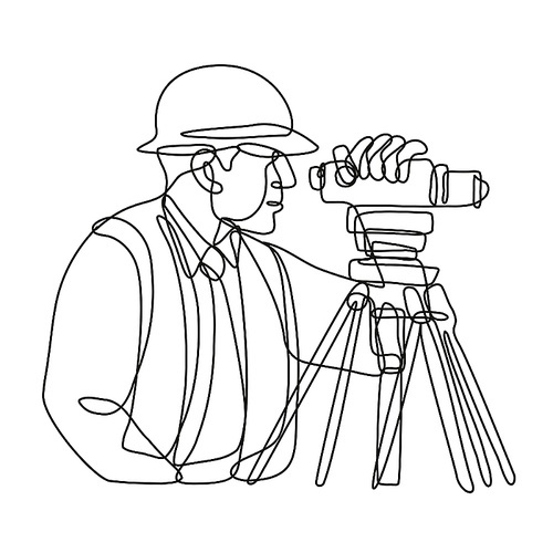 Continuous line drawing illustration of a geodetic surveyor using a theodolite side view done in mono line or doodle style in black and white on isolated background.