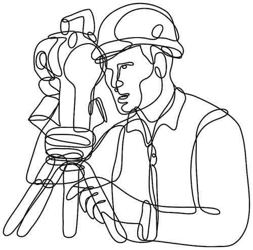 Continuous line drawing illustration of a geodetic surveyor using a theodolite done in mono line or doodle style in black and white on isolated background.