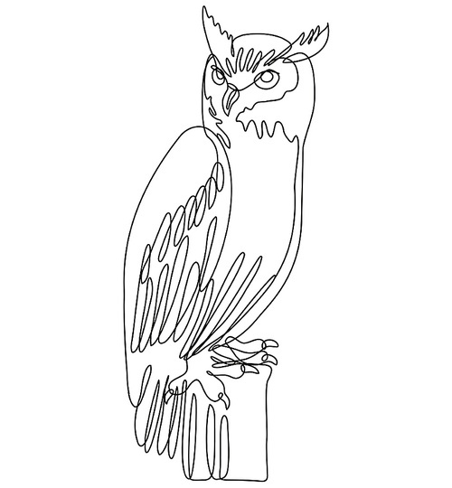 Continuous line drawing illustration of a tiger owl or great horned owl perching on tree stump done in mono line or doodle style in black and white on isolated background.