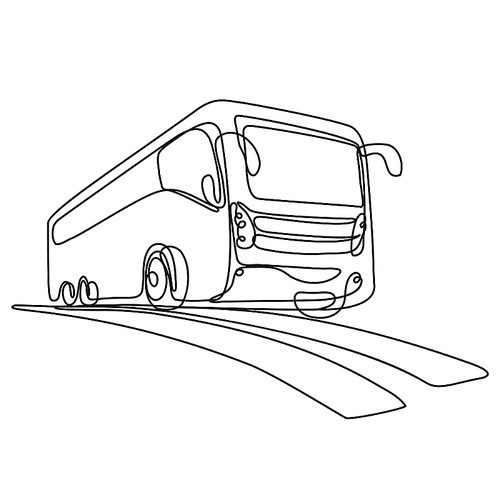 Continuous line drawing illustration of a tourist coach or shuttle bus low angle view done in mono line or doodle style in black and white on isolated background.