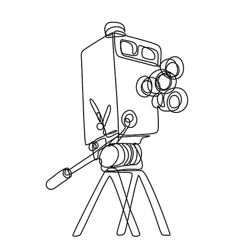 Continuous line drawing illustration of a vintage film box camera on tripod done in mono line or doodle style in black and white on isolated background.