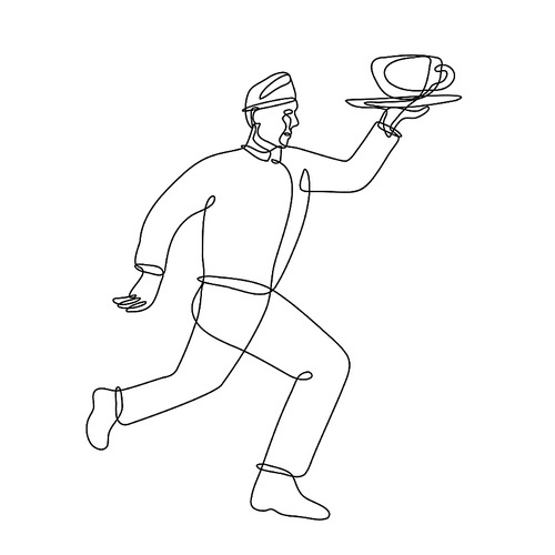 Continuous line drawing illustration of a waiter delivering cup of coffee running side view done in mono line or doodle style in black and white on isolated background.