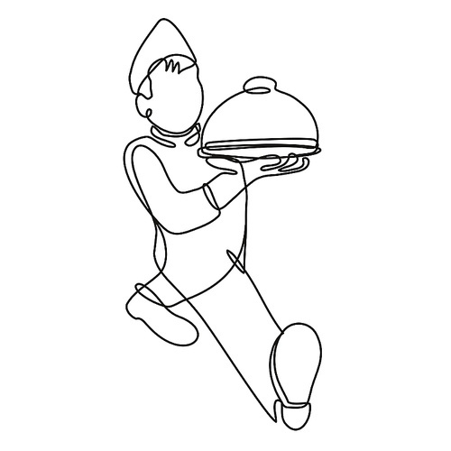Continuous line drawing illustration of a waiter or food server serving a food platter front view done in mono line or doodle style in black and white on isolated background.