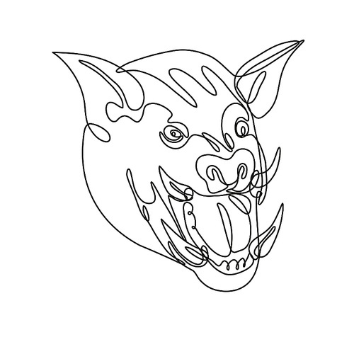 Continuous line drawing illustration of an angry wild boar head front view done in mono line or doodle style in black and white on isolated background.