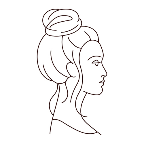 Illustration of beautiful young girl with hairdo on her head. Image for hairdressing and wedding salons.