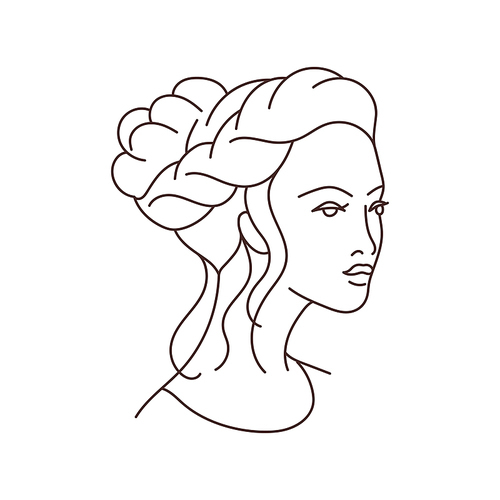 Illustration of beautiful young girl with hairdo on her head. Image for hairdressing and wedding salons.