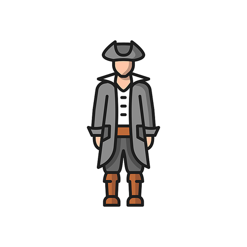 Conquistador medieval conqueror isolated flat cartoon icon. Vector traditional spanish man in national costume, broad hat, long coat and high boots. Spanish or portuguese citizen, historical cloth