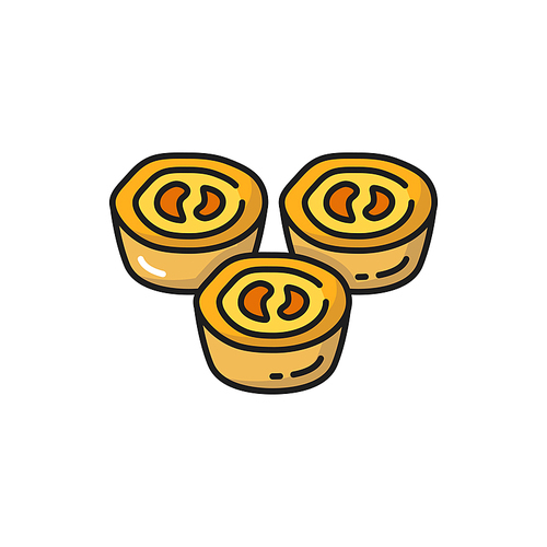 Portugal Chinese mooncake isolated flat line icon. Vector traditional Portugal cuisine food, portuguese national dish, pastry bakery. Cheesecake dessert, chinese moon cake, asian snack yellow cakes