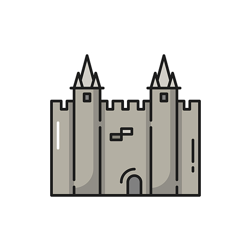 Fortress castle of Portugal isolated flat line icon. Vector medieval Europe architecture, famous tourist place fortress. Traditional Portuguese landmark, brick tower cathedral, old city symbol