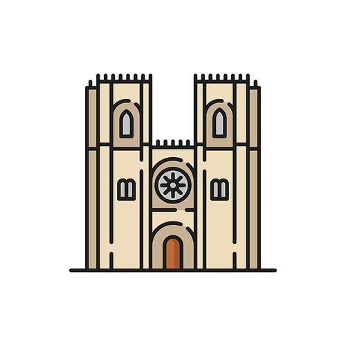 Portugal catholic religion cathedral isolated color church flat line icon. Vector exterior design of medieval church with entrance and windows, two tower religious landmark, facade with star