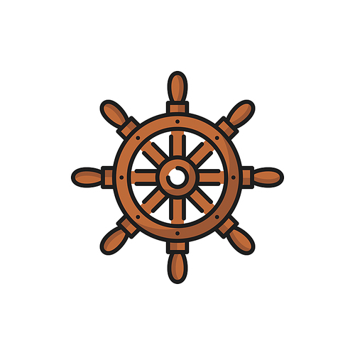 Ship wheel, seafarer handwheel or ship-wheel with handles isolated flat line icon. Vector boat control rudder steering wheel, marine navigation equipment. Vessel control object by captain or sailor,