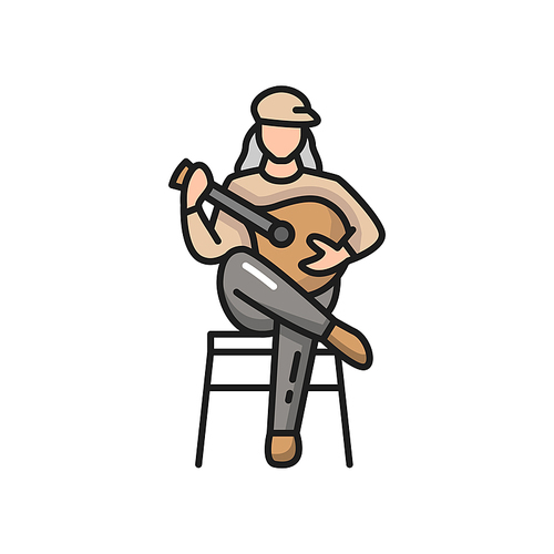 Fado Portuguese music player guitarist with guitar isolated. Vector Portugal guitarist, singer with ukulele guitar sitting singing songs. Folk music, character play on national musical instrument