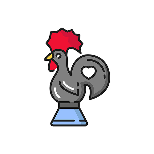 Barcelos rooster cock bird symbol of Portugal, souvenir isolated flat icon. Vector galo de barcelos rooster, traditional medieval gift bird with red cock and hear on tail. Kids toys cockerel cock