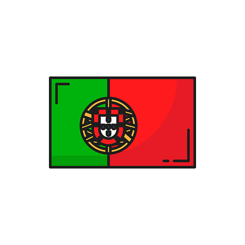 Portuguese national flag with coat of arms emblem in red and green colors. Vector European country symbol, Portugal independence day and patriotic holidays sign, banner shield, group of five, lesser