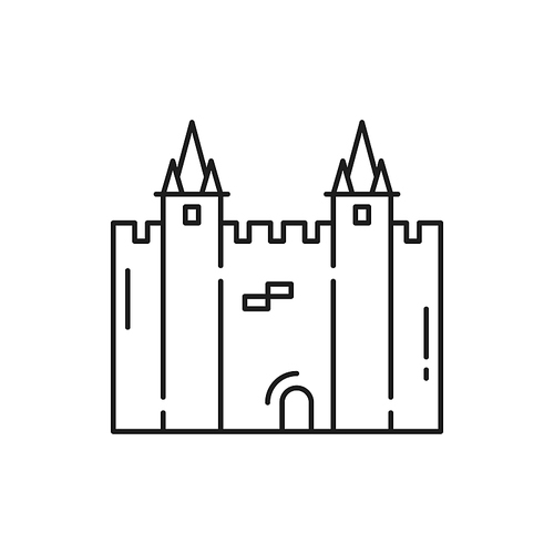 Portugal lisbon castle isolated thin line icon. Vector traditional Portuguese landmark, brick tower cathedral, old city symbol. Medieval Europe architecture, famous tourist place outline fortress