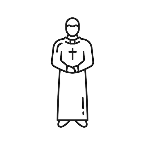 Portugal priest in robe and cross isolated man in long gown thin line icon. Vector religion man with cross, missionary clergyman, pastor in uniform outline sign. Portuguese Roman Catholic priest