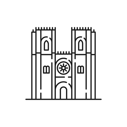 Church with tower isolated religion building icon. Vector catholic church in Portugal facade with star, exterior design of medieval church with entrance and windows, two tower religious landmark