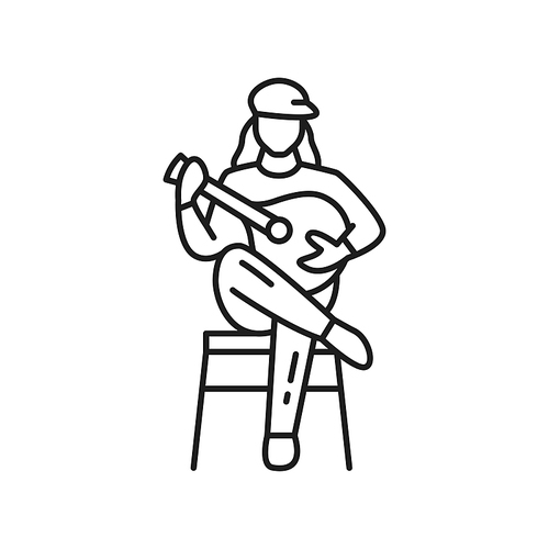 Classical Fado Portuguese music player isolated guitarist thin line icon. Vector Portugal singer with ukulele guitar sitting singing songs, traditional musical instrument, folk music playing character