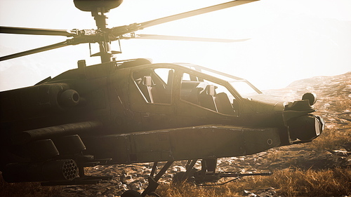 military helicopter in mountains at war