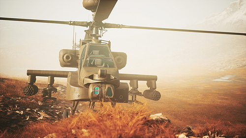 military helicopter in mountains at war