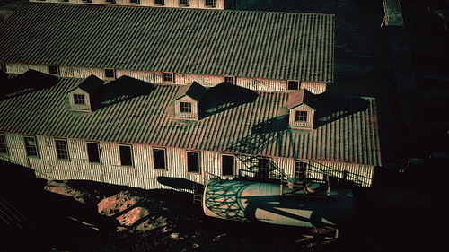 High above an industrial factory in the desert