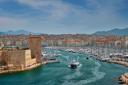 Marseille Old Port (Vieux-Port de Marseille) with boats and Fort Saint-Jean. Marseille, France