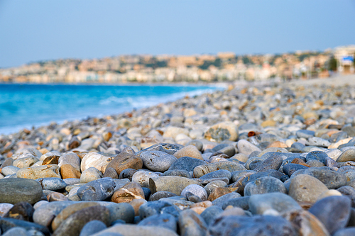 Nice city beach with pebbles in the morning. Nice, France