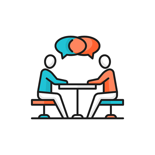People sitting at desk and talking, business communication isolated icon. Vector collaboration, busy people talking, time management and conversation, two person at desk leading dialogue together