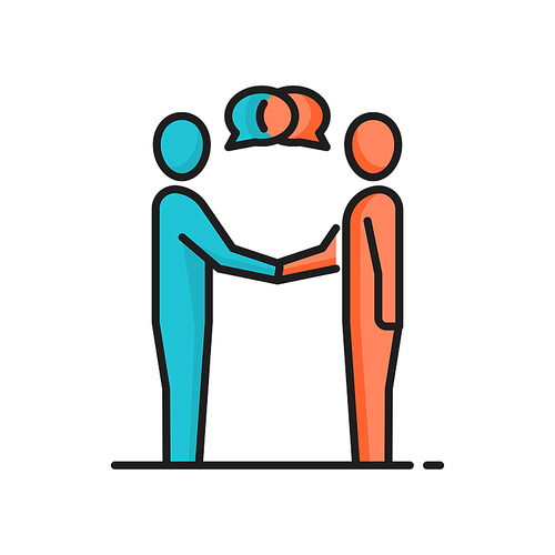 Businessmen shaking hands isolated icon. Vector communication of two business people, conversation of coworkers, dialog discussion and contact, partnership, teamwork collaboration, speech chat bubbles