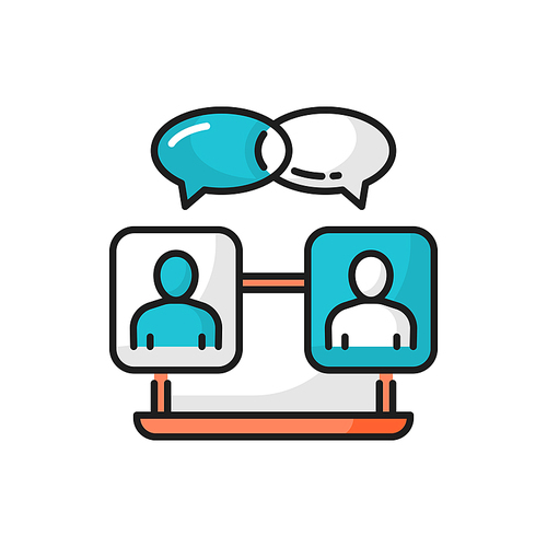 Online meeting chat conference, speech bubbles isolated color line icon. Vector distant education, teacher and student, teamwork collaboration. Team communication, two people speaking, speech bubbles