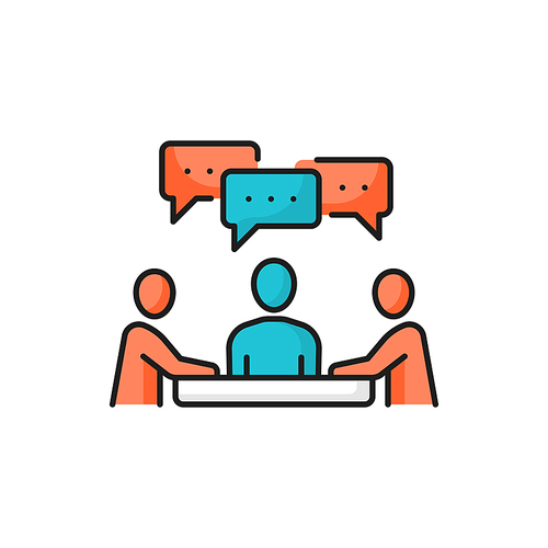 People sitting at desk and talking, communication and chat bubbles over head isolated color line icon. Vector team meeting, busy coworkers talking, time management and collaboration, conference