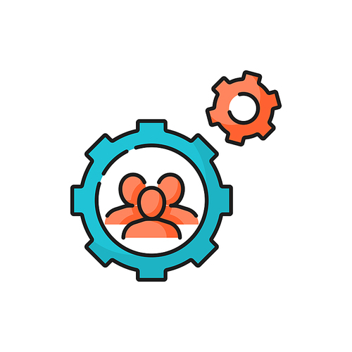 People in cogwheel cooperating together, brainstorm isolated color line icon. Vector mutual cooperation and motivation, business project brainstorming, manufacturing and workers control, line art
