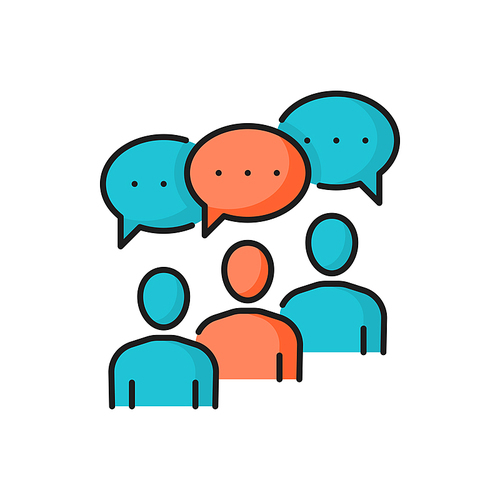 Communication of business people, chat bubbles isolated color line icon. Vector conversation of coworkers, teamwork collaboration, partnership. Dialog discussion, recruitment and brainstorming