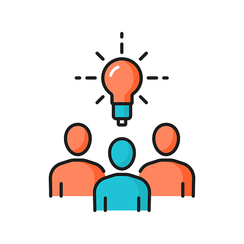 Business meeting, brainstorming, new idea, bulb isolated color line icon. Vector office staff, manager or young business startup, teamwork and cooperation. Success managers team, creative coworkers
