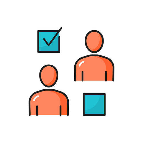 Recruitment, hiring right employee, check mark isolated line icon. Vector check in square, choosing candidate. Showing employable and suitable for job person, tick mark. Recruitment and hr management