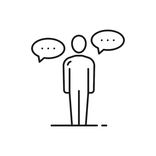 Person with chat bubbles isolated thin line icon. Vector outline man with dialogue balloons, communication online, chat and message sign. Man or woman with new idea sign, conference or forum