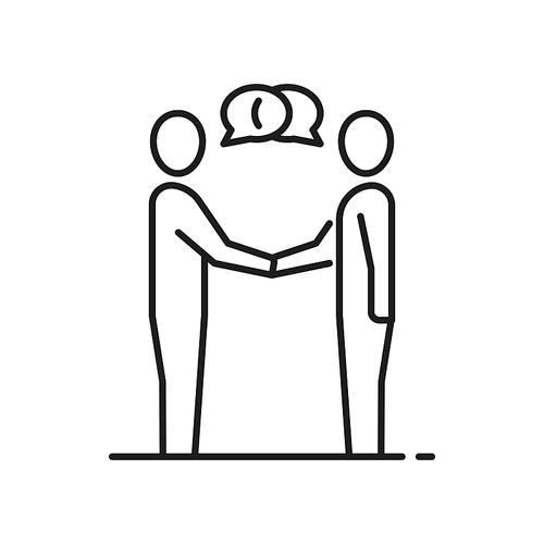 Communication of two business people isolated thin line businessmen shaking hands isolated icon. Vector conversation of coworkers, dialog discussion and contact, partnership, teamwork collaboration