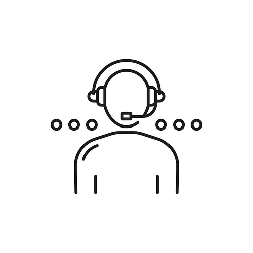 Online consultant with headphones customer service isolated thin line icon. Vector customer support help, consulting management, speaker. Consultant, call center worker person on internet conference