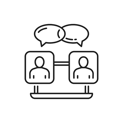 Meeting online on computer screen, business chat conference isolated thin line icon. Vector team communication, two people speaking and speech bubbles, distant education, teacher and student